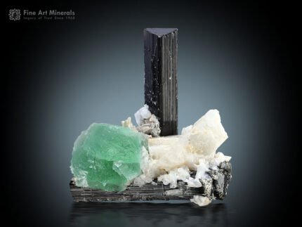 Schorl with Fluorite on Feldspar from Stak Nala Pakistan