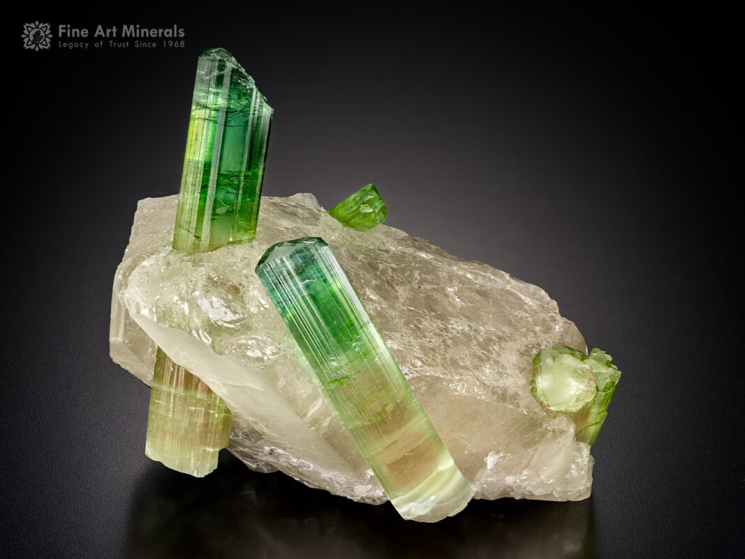 Bicolor tourmaline crystals on a quartz matrix from Paprok, Nuristan Province, Afghanistan