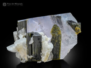 A floater morganite with tourmaline and albite from Pakistan for sale.