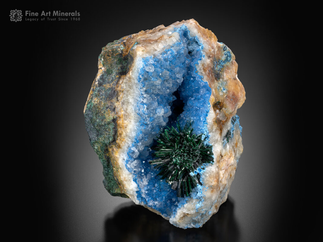A rare combination specimen of malachite with shattuckite from Namibia.