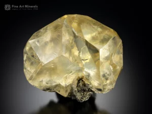 A super gemmy floater calcite crystal from Sokolovskoe Mine, Kazakhstan. Golden hue, sharp form, and brilliant clarity in a fully terminated 383 g display specimen.