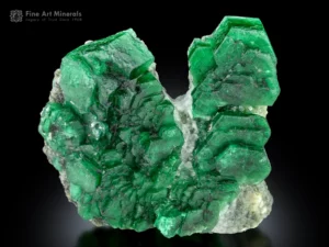 Beryl var. emerald crystals on calcite matrix with tiny pyrite, vivid green step growth specimen from Swat, Pakistan.