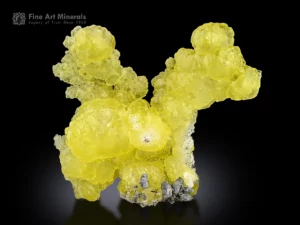 Vivid lemon-yellow brucite crystal cluster with sculptural, rounded formations and a small matrix base.