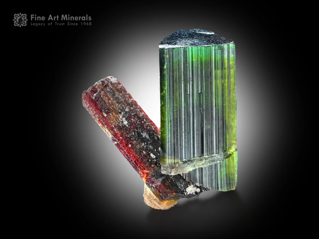 thumbnail specimen of red mangano tantalite crystal with bright green tourmaline and mica from Pakistan