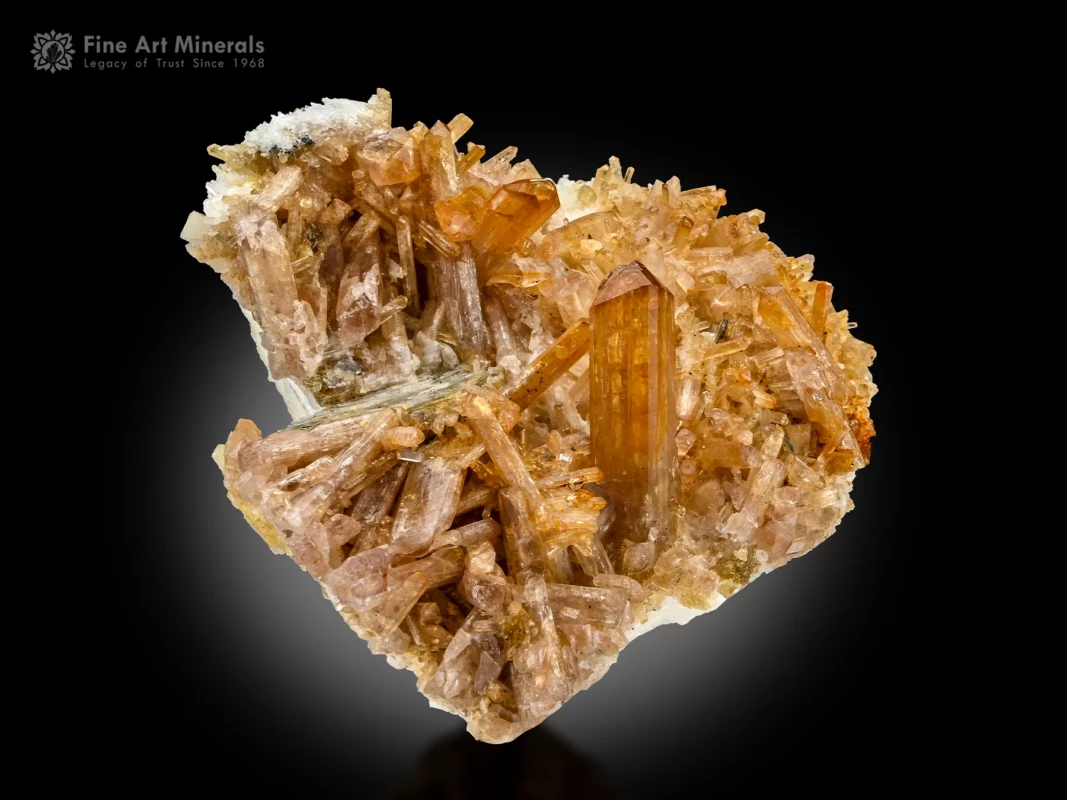 Orangey-brown childrenite crystals with mica on white albite matrix from Dara-i-Pech, Afghanistan.