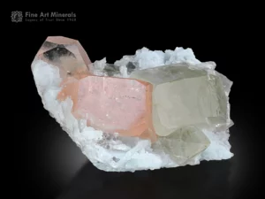 Peach morganite crystals with quartz and cleavelandite, showing fine luster, clarity, and balance in a self-standing display specimen.