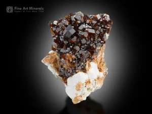 Deep reddish-brown andradite garnet crystals on a contrasting matrix with sharp faces and bright luster.