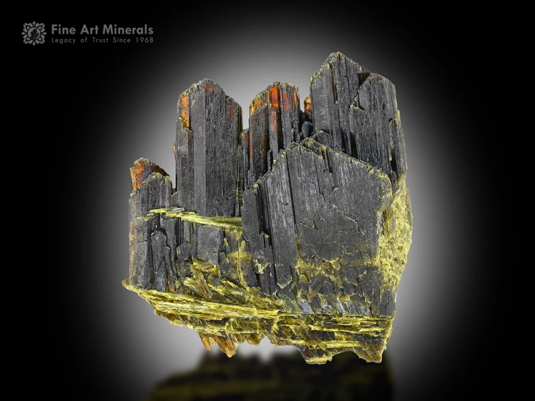 Sharp dark-green epidote crystals from Shigar Valley showing glowing green translucence on edges.