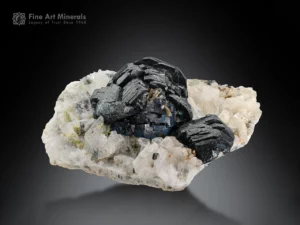 Hematite in sphere form on crisp light grey adularia crystals, excellent small cabinet specimen with strong contrast and aesthetics.