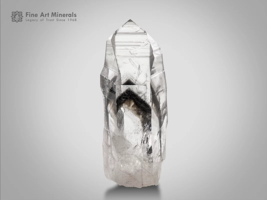Quartz with black Chlorite inclusion from Madagascar — large cabinet crystal with superb clarity and sharp terminations.