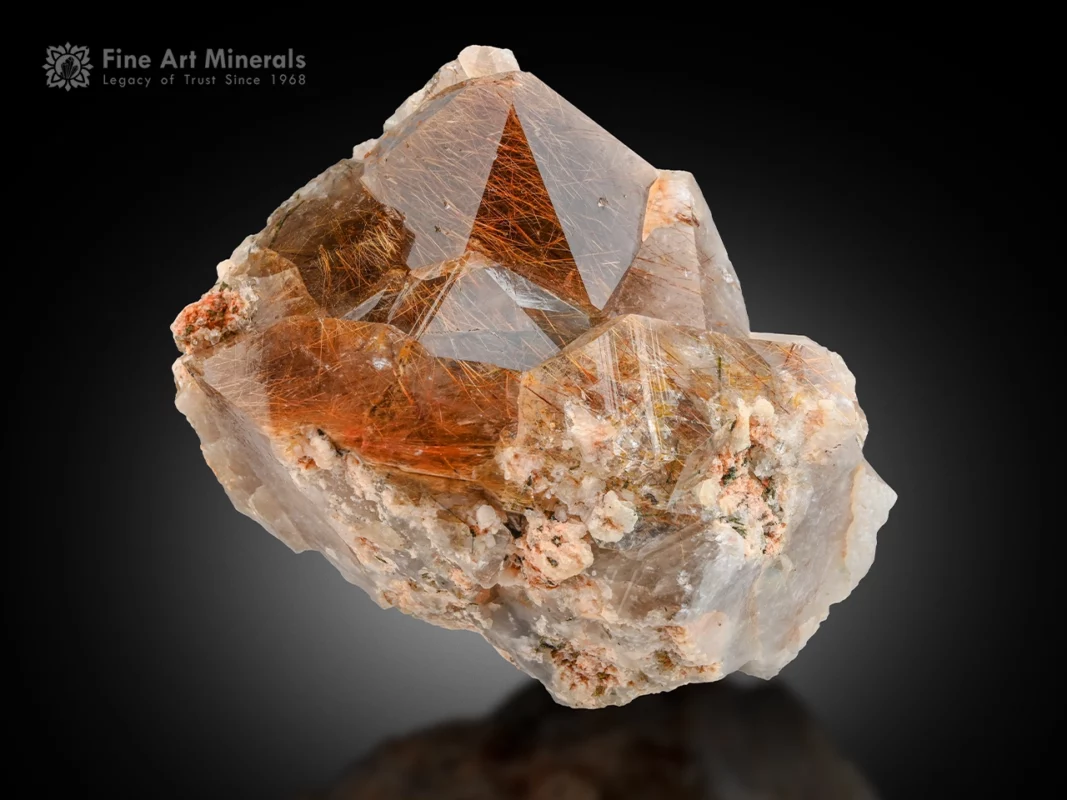 Golden rutile needles inside a clear, terminated quartz crystal from Zagi Mountain, Pakistan.