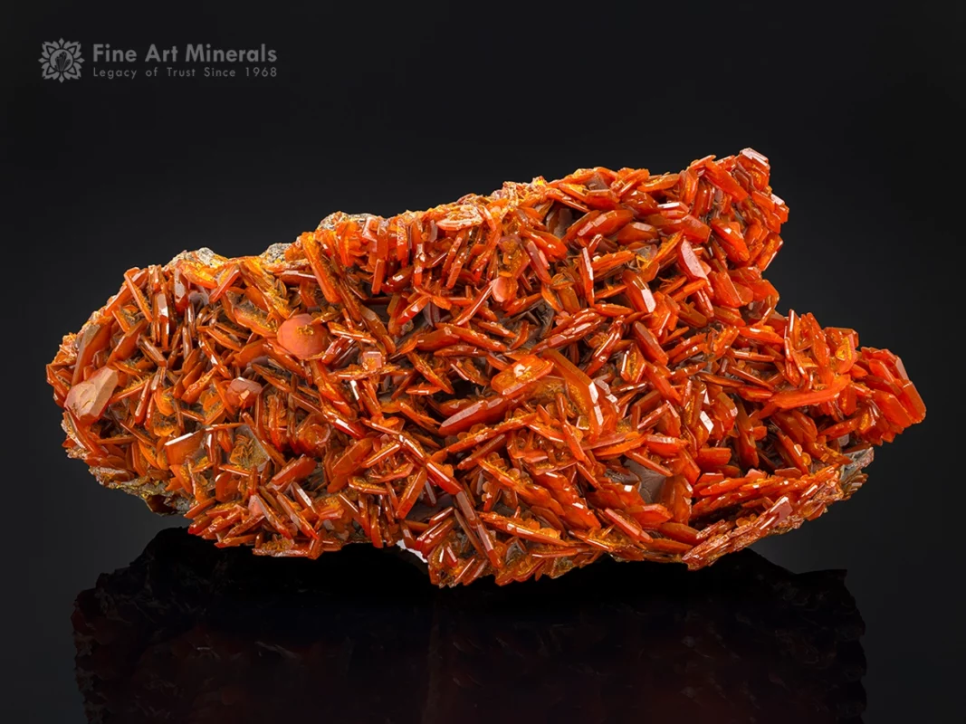 Cabinet-sized wulfenite with sharp, vibrant orange bladed crystals from Jianshan Mine, Xinjiang, China.