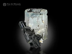 Transparent blue-green bi-color beryl crystal with black schorl inclusions from Skardu, Pakistan — glassy faces and sharp crystal form.
