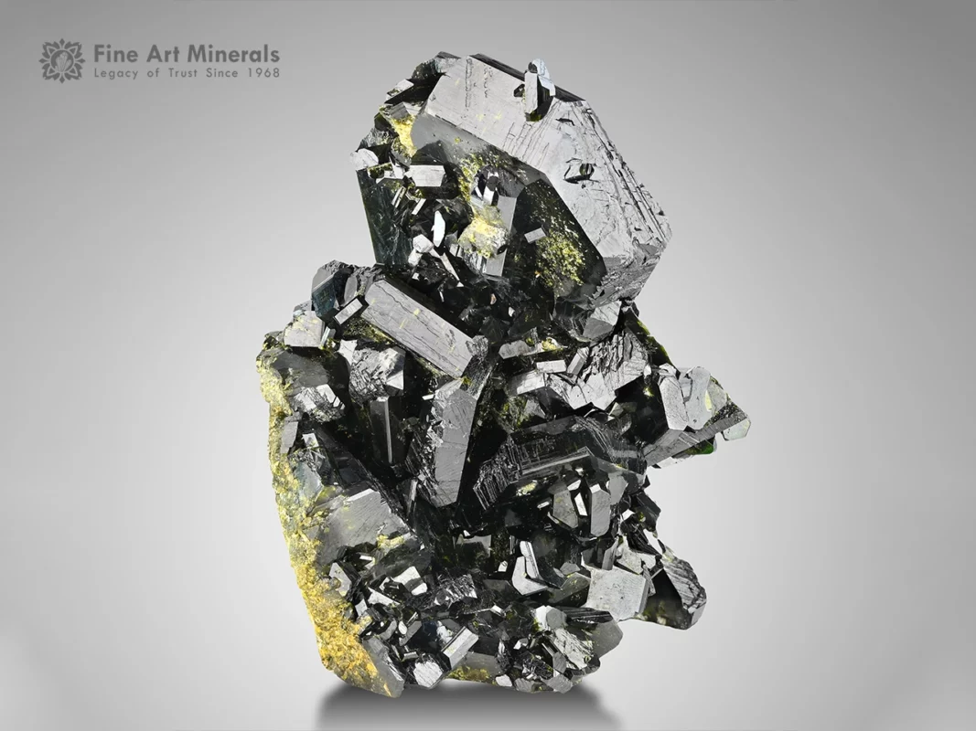 Epidote crystal cluster from Kharan, Pakistan — large cabinet specimen with black color and green sheen.