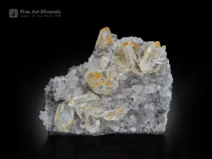 Golden petroleum quartz crystals with calcite matrix from Balochistan, Pakistan.