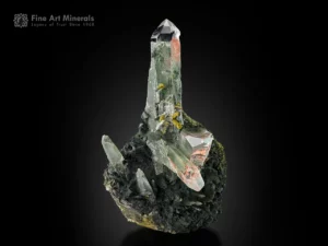 Transparent quartz crystal with vivid green chlorite and bright yellow-green epidote accents from the Roundu District, Gilgit-Baltistan, Pakistan.
