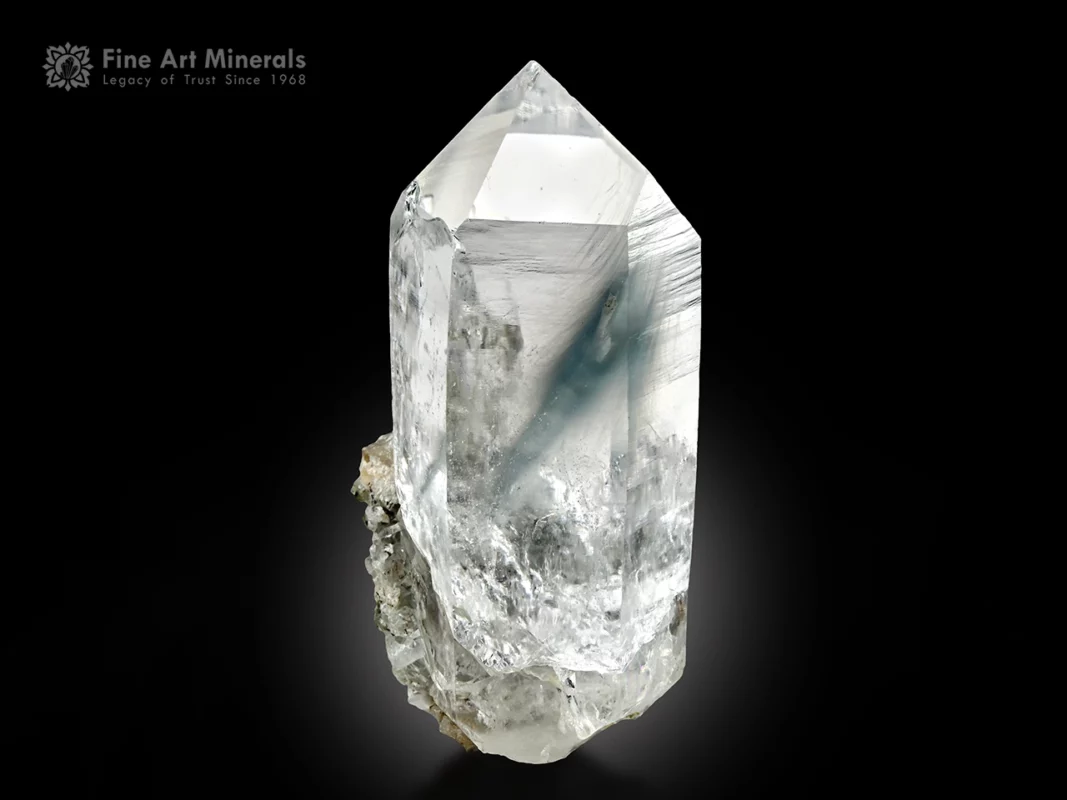 Fine quartz crystal featuring byssolite and chlorite inclusions with bright luster and sharp form from Astore Valley, Pakistan