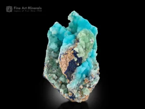 Vibrant sky blue aragonite with apple green smithsonite and deep blue azurite on matrix from Afghanistan.