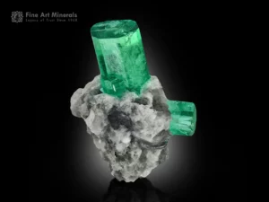 Colombian emerald crystals on matrix featuring a tall, vivid green hexagonal crystal and a horizontal crystal with strong clarity and luster.