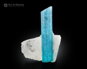 neon blue paraiba tourmaline crystal standing vertically on pale matrix from brazil
