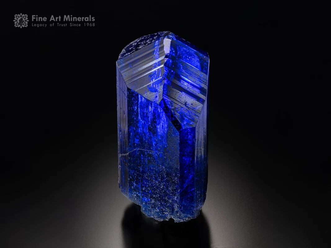172 g vivid blue tanzanite crystal with sharp prism faces, bright luster, and complete form from Merelani Hills.