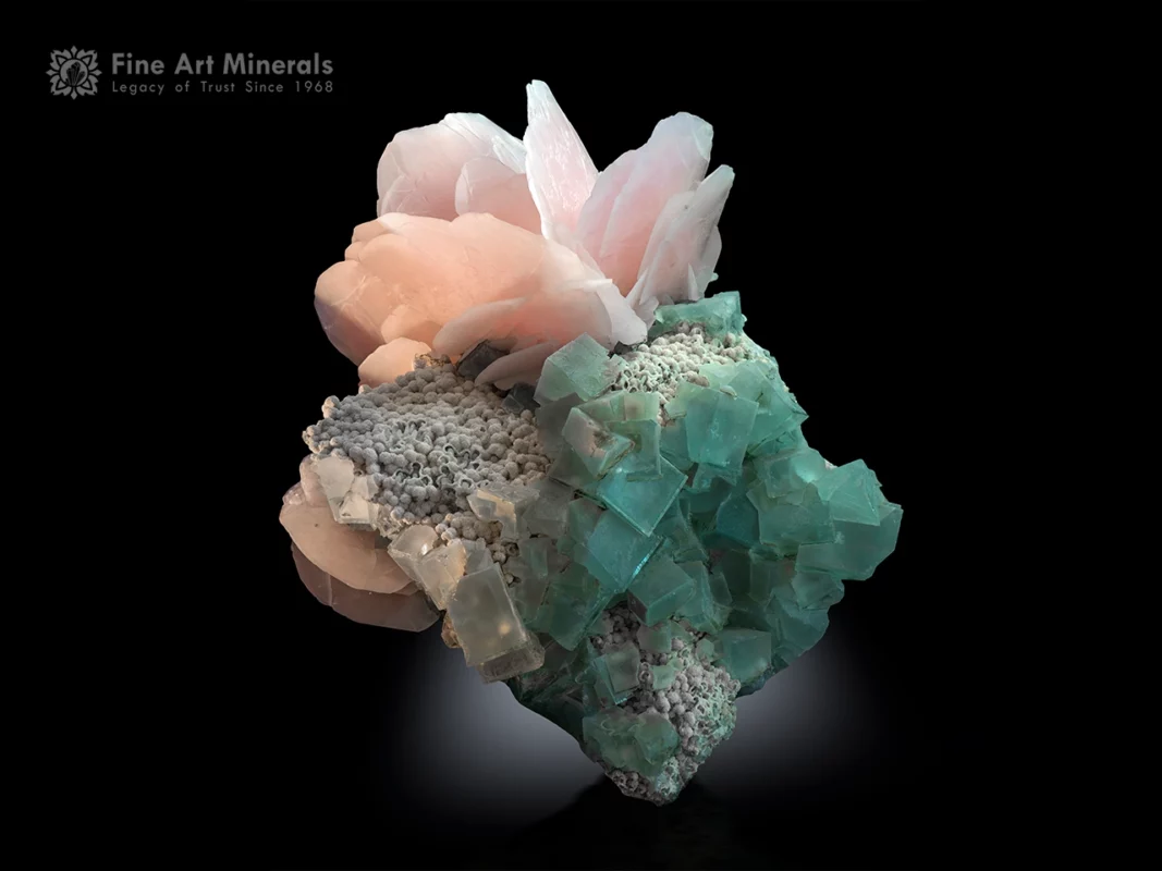 Calcite with fluorite and quartz showing glassy fluorite cubes and pink calcite flowers.