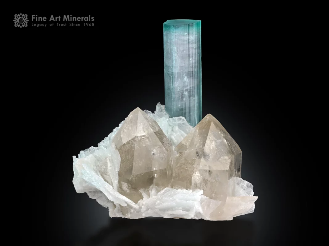 Seafoam tourmaline crystal with smoky quartz and cleavelandite on matrix from Afghanistan, showing great color and one clean, well-done repair.