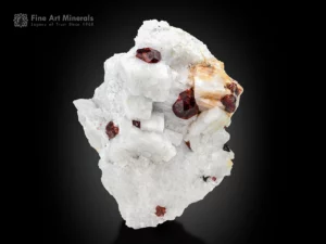 Red spessartine garnet crystals on bright white feldspar matrix