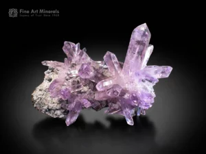 Amethyst crystal cluster showing soft pastel purple tones, glassy lustre, sharp terminations, and balanced crystal growth.