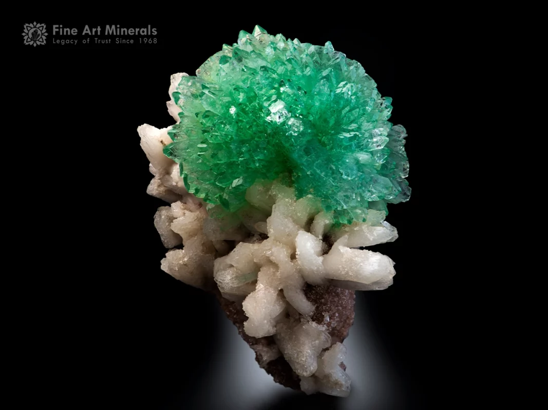 Green apophyllite crystal cluster on white stilbite matrix from India.