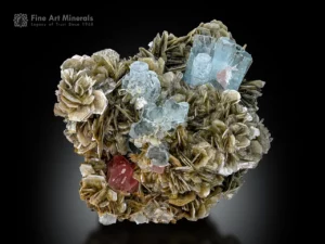 self-standing aquamarine crystals on silvery muscovite with vivid pink apatite from Pakistan