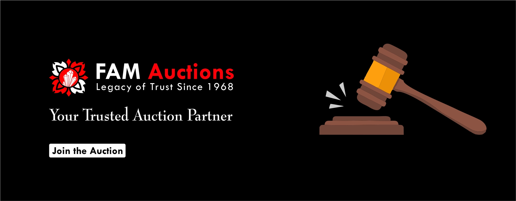 FAM Auctions banner from Fine Art Minerals, Pakistan's trusted source for gemstone and mineral auctions since 1968, led by CEO Ghulam Mustafa