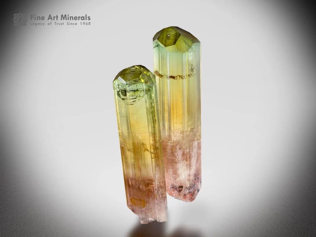 Parallel prismatic tourmaline crystals showing green, yellow and honey color zoning from the democratic republic of the Congo