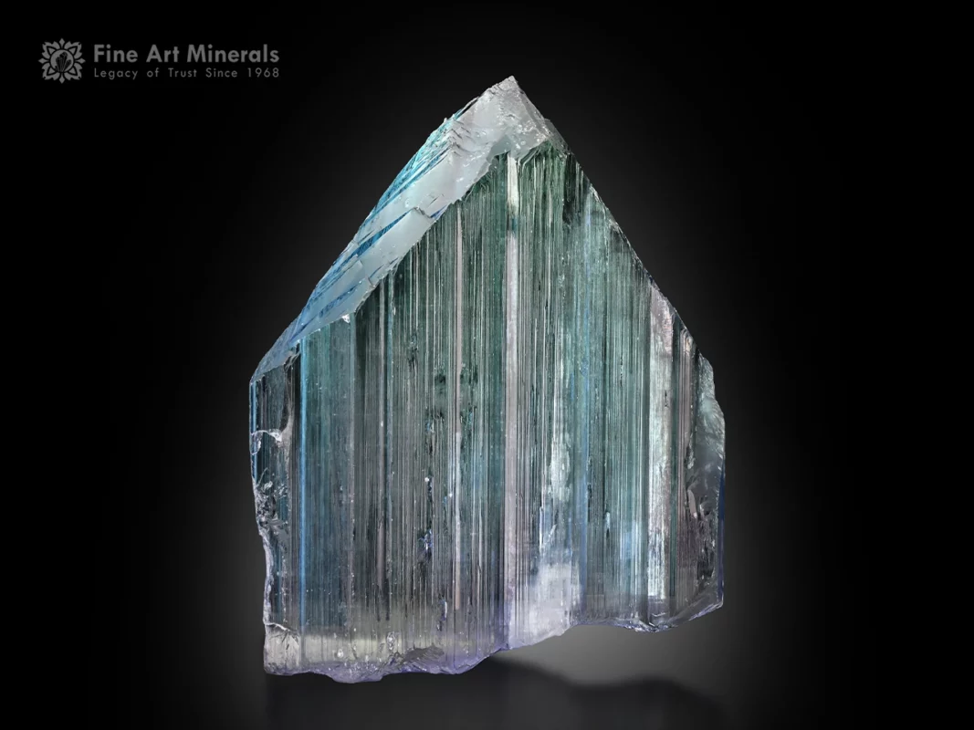 spodumene var. kunzite crystal from Afghanistan with strong vertical striations, superb blue lavender color, and natural cleavages