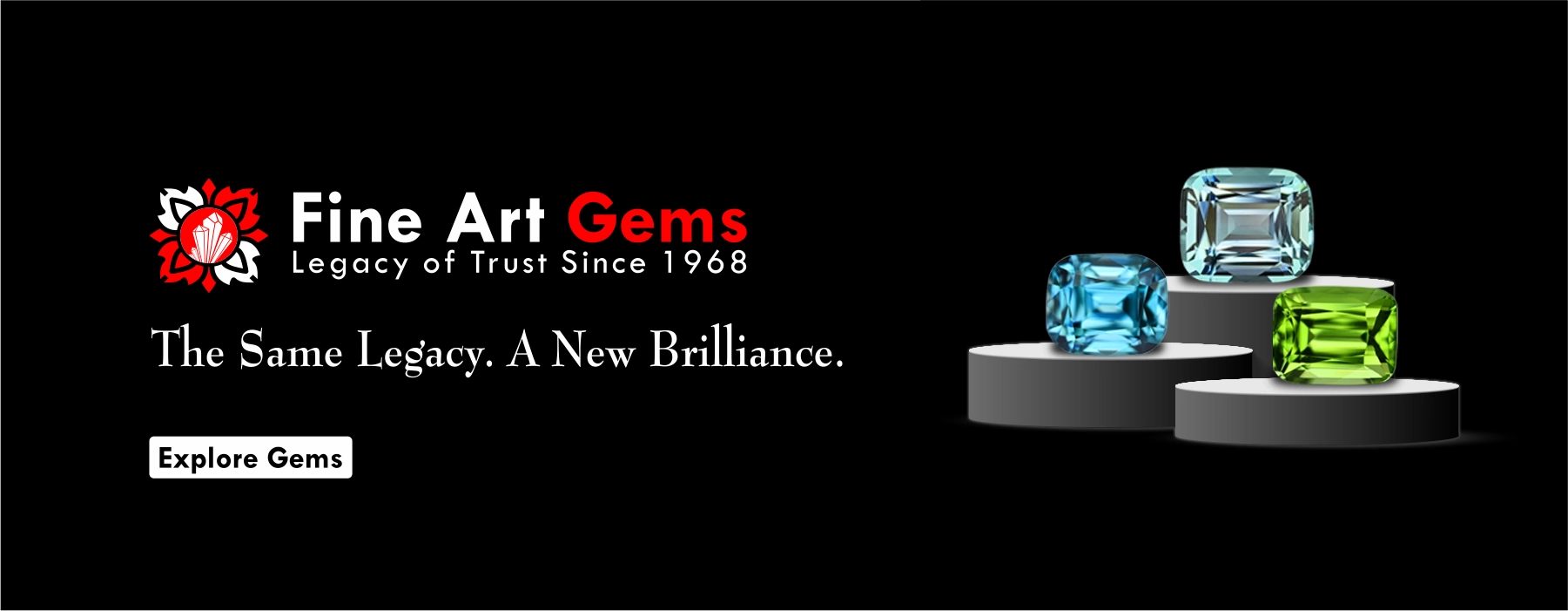 Fine Art Gems banner showcasing brilliant certified gemstones and jewelry, continuing the Fine Art Minerals legacy since 1968 under CEO Ghulam Mustafa in Pakistan