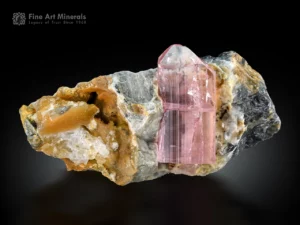 Light pink gemmy pink topaz crystal with calcite from Katlang Mardan District, Pakistan.
