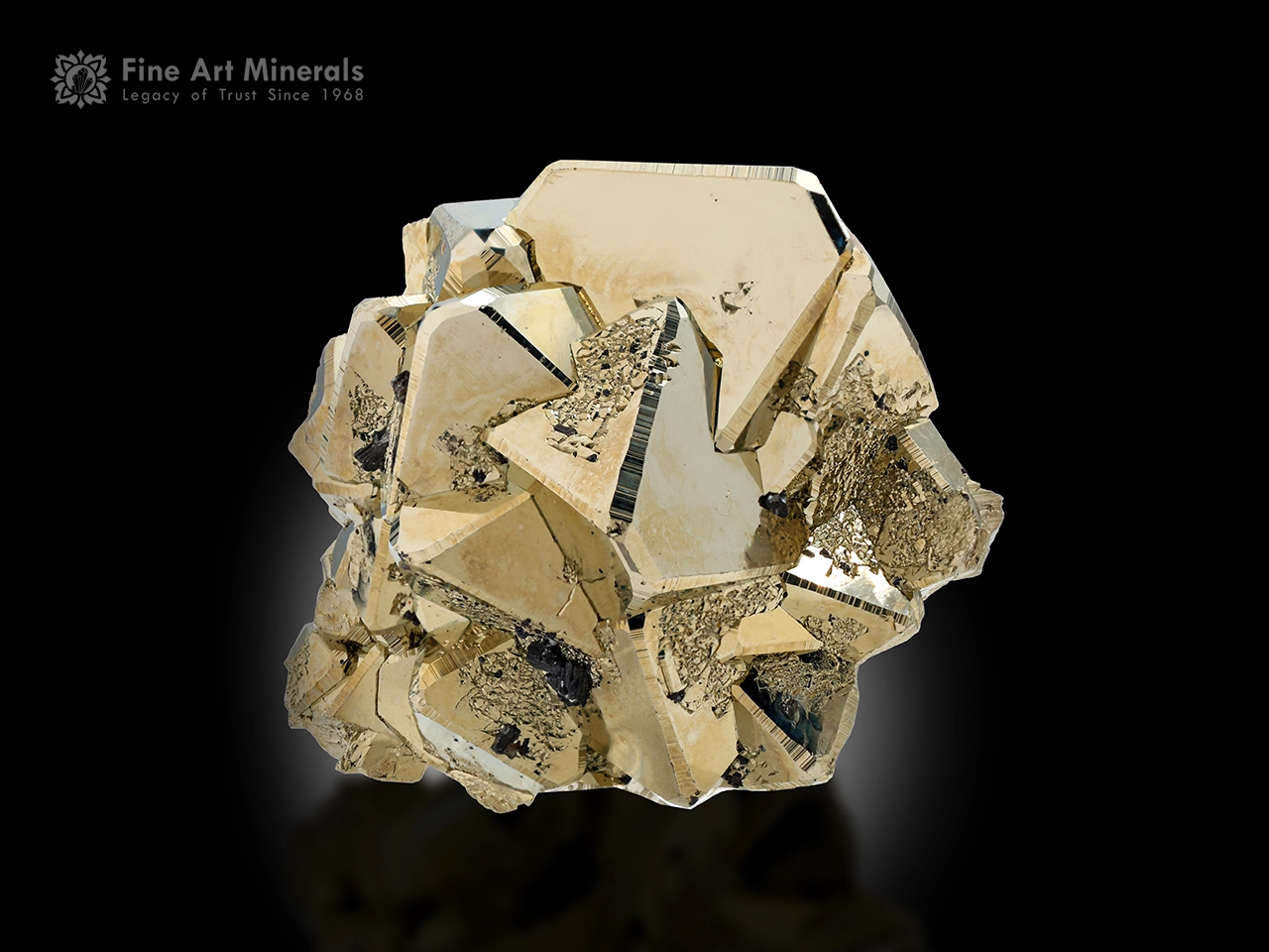 Pyrite cluster with sphalerite from Peru dp Sharp reflective brass yellow pyrite crystal cluster with subtle sphalerite association from Peru