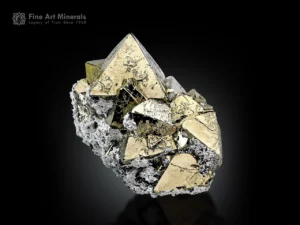 brass yellow pyrite crystal cluster with white albite spray at the base from Peru