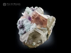 Natural pegmatite specimen featuring morganite crystal with kunzite, green tourmaline, cleavelandite, pink lepidolite, and quartz in an aesthetic multi-mineral association