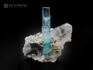 Vibrant blue aquamarine crystal protruding from quartz matrix, Pakistan mineral specimen.
