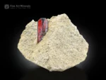 Sharp red brookite crystal emerging from a light earthy matrix