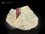 Sharp red brookite crystal emerging from a light earthy matrix