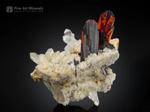 Fiery red brookite crystals showing internal phantom growth on white quartz matrix
