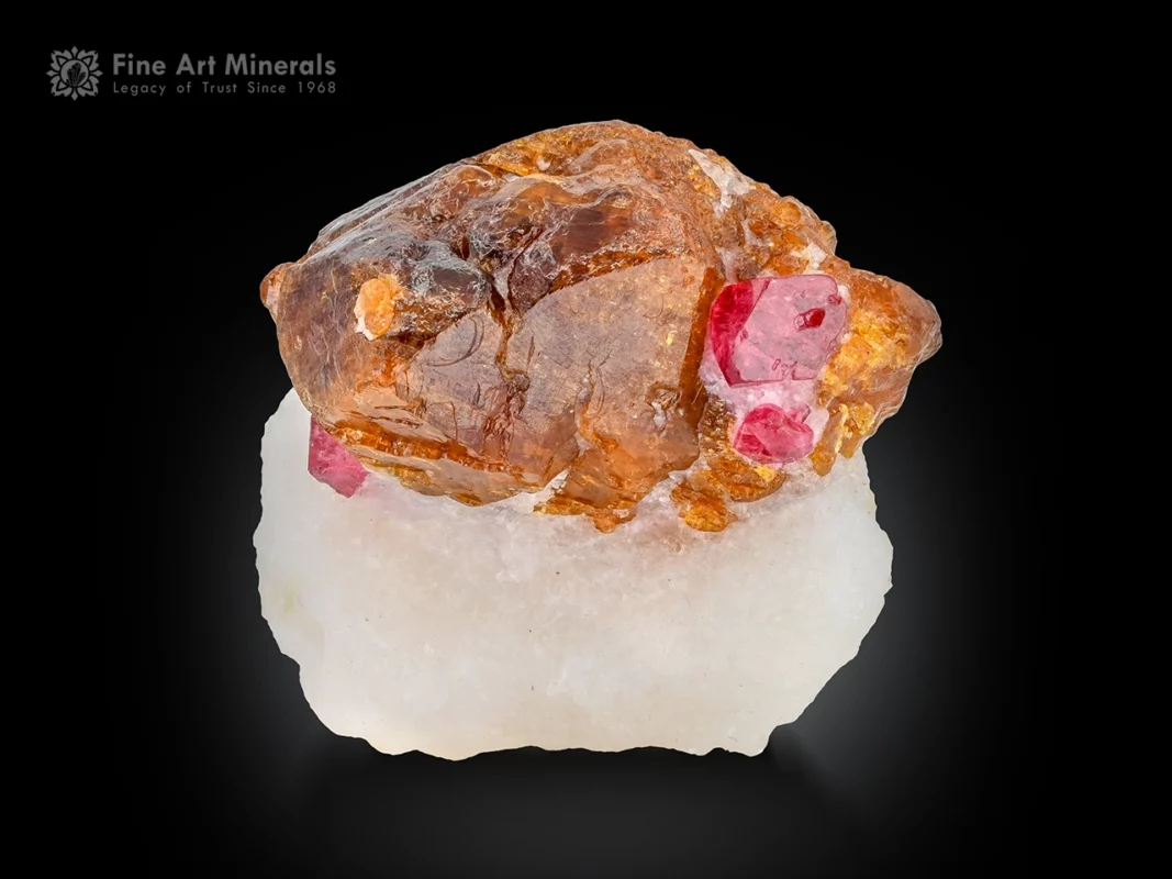 Orange chondrodite with pink spinel crystals on white marble matrix, Vietnam mineral specimen
