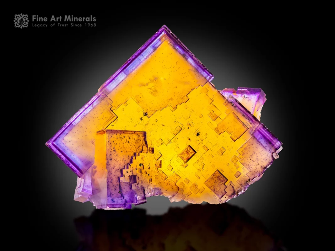 Cubic fluorite crystals with purple edges and golden amber core from Denton Mine, Illinois, USA