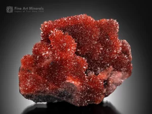 Fiery red botryoidal rhodochrosite specimen with sparkling drusy surface from Moanda Mine, Gabon