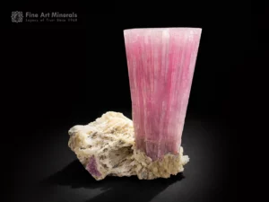 Pink tourmaline crystal on matrix with strong vertical striations and rich color.