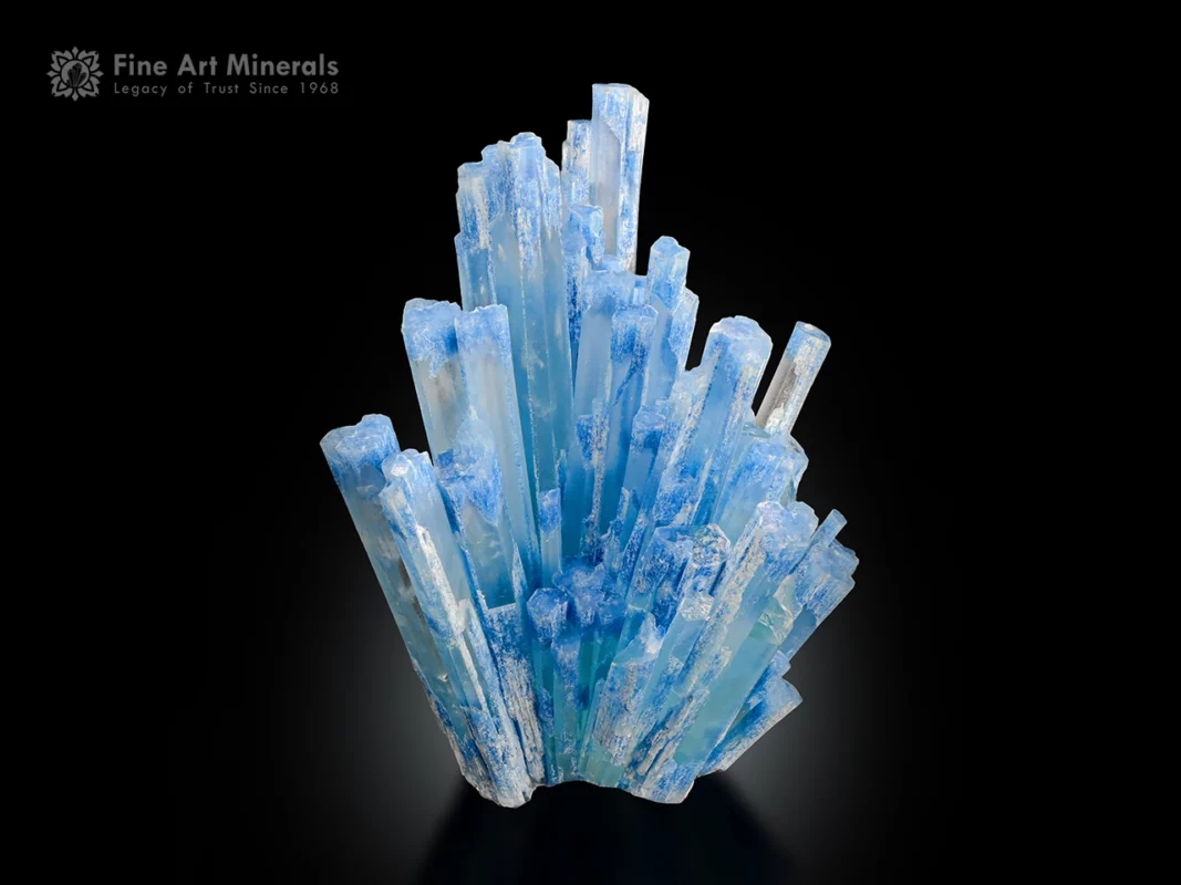 Radiating blue aquamarine crystal cluster specimen