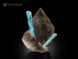 icy blue aquamarine crystals perched on smoky quartz with beautiful contrast