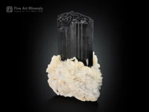 Schorl crystal with flat termination on white cleavelandite matrix.